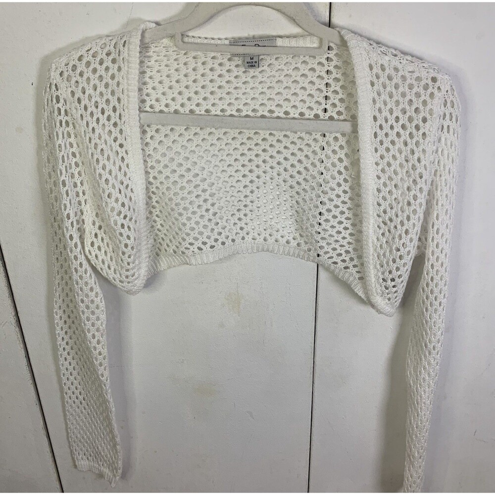 White Cropped Sweater Loose Knit Sheer Beachy Bolero Boho Slouchy M